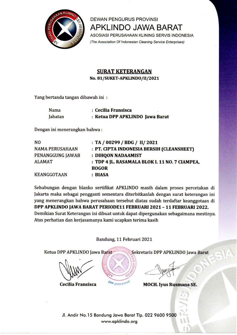 Sertifikat APKLINDO Jawa Barat